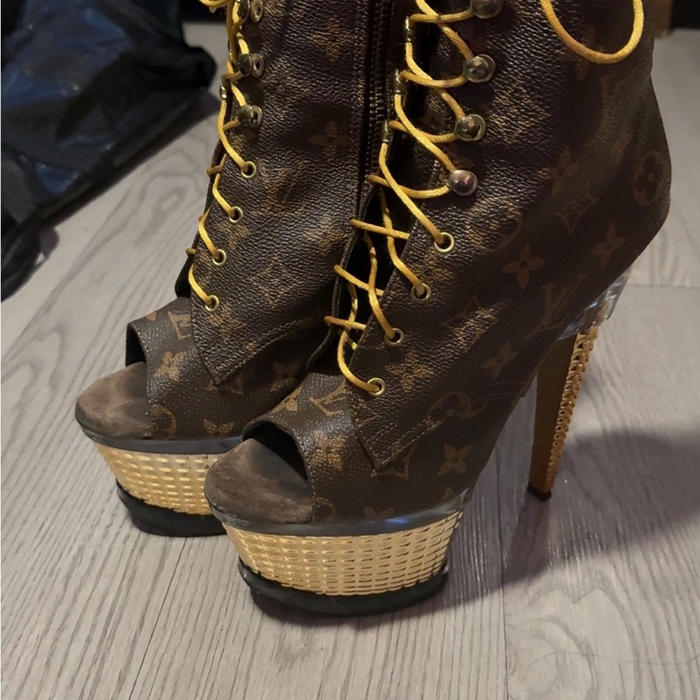 Pleaser Brown and Gold Peep-Toe Platform Boots